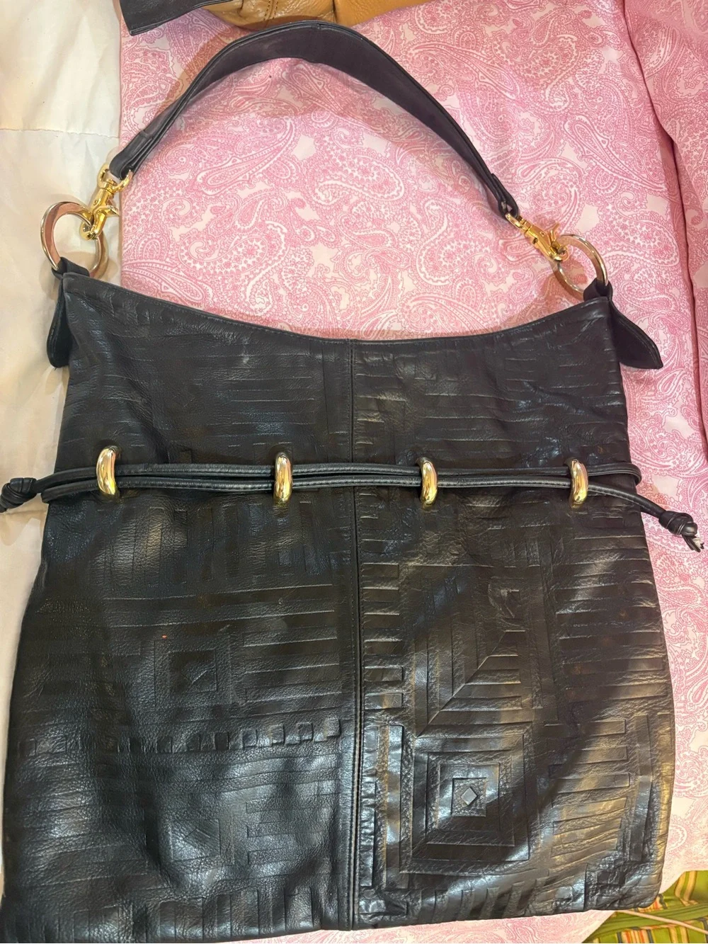 Andre Oliver Black Leather Hobo with Gold Rings